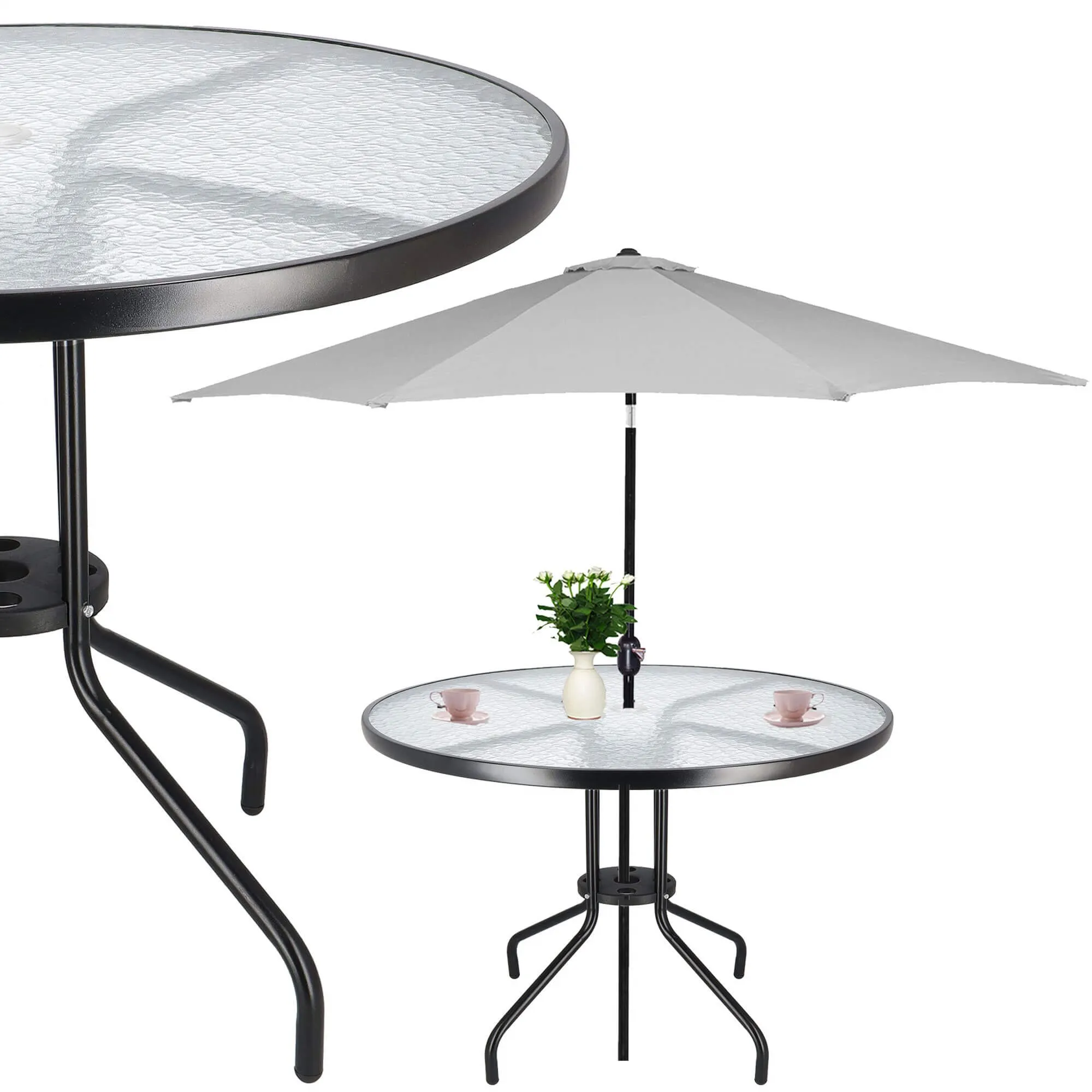springos stakleni okrugli vrtni stol, crni 90 cm - slika 7