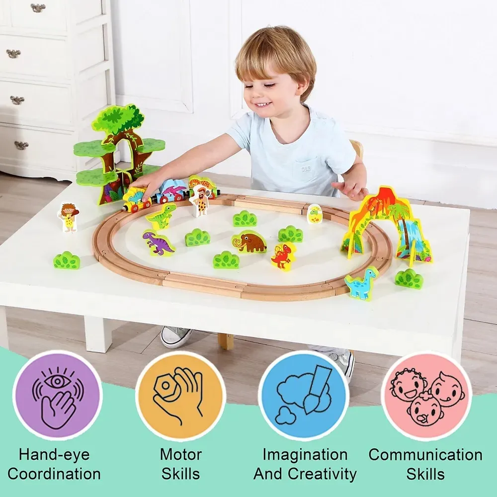 tooky toy drvena magnetna željeznica s dinosaurima + figurice - slika 9