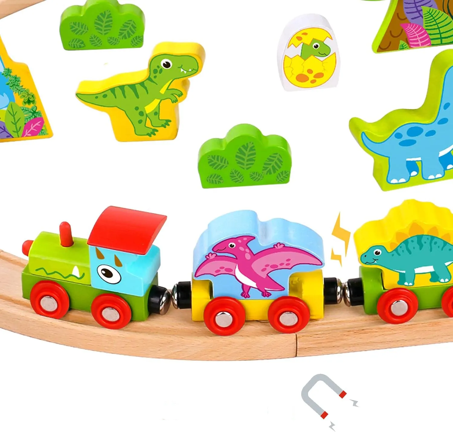 tooky toy drvena magnetna željeznica s dinosaurima + figurice - slika 8