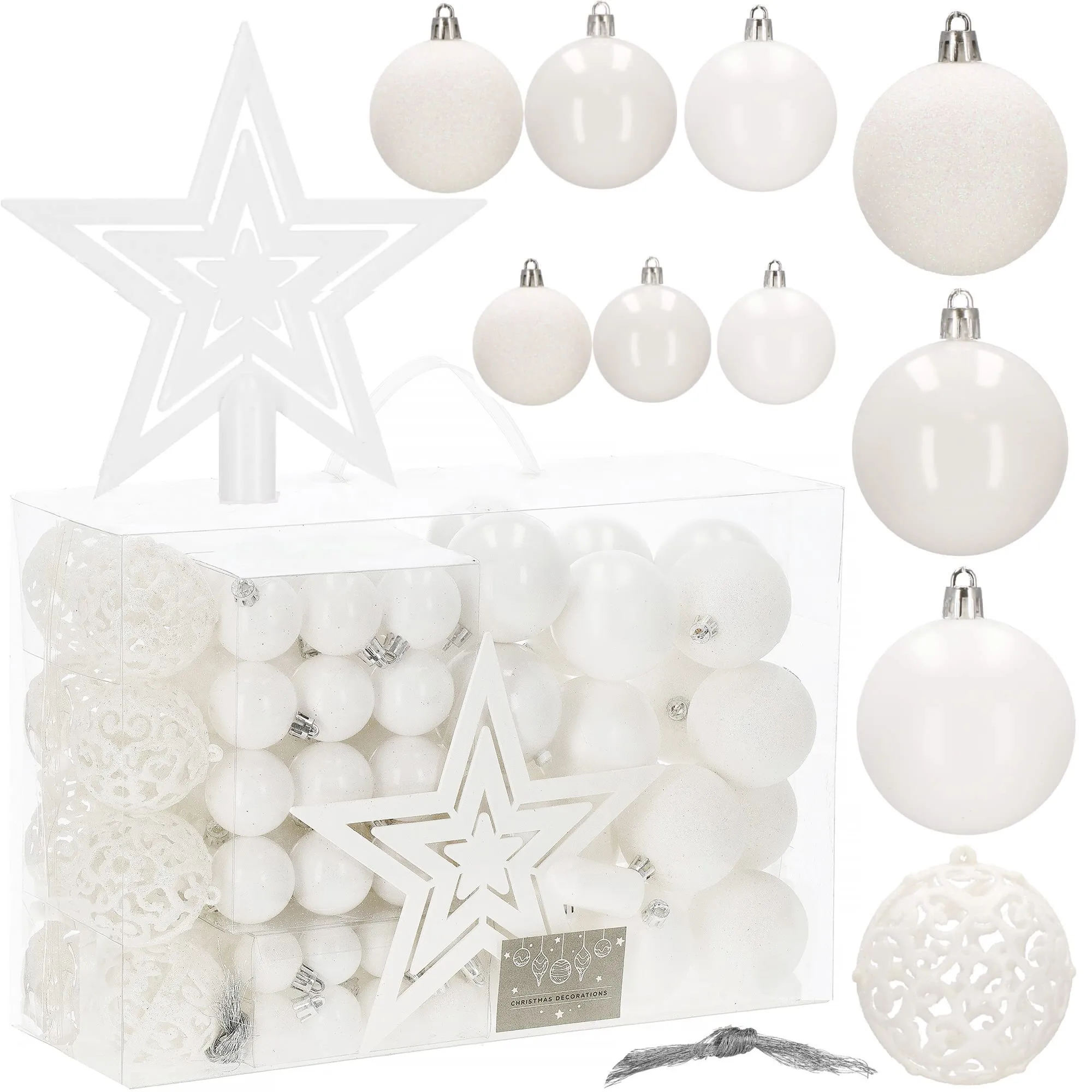 set božićnih kuglica 3–6 cm – 101 komad, nijansa bijele - slika 10
