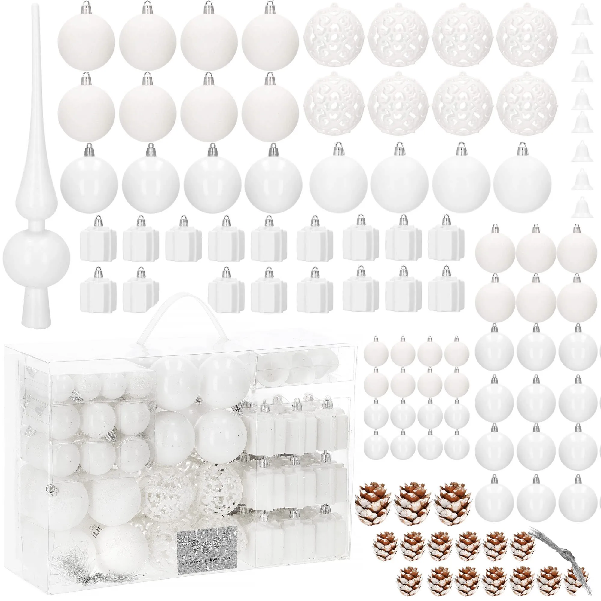 set božićnih kuglica 3–6 cm – 101 komad, bijele - slika 12
