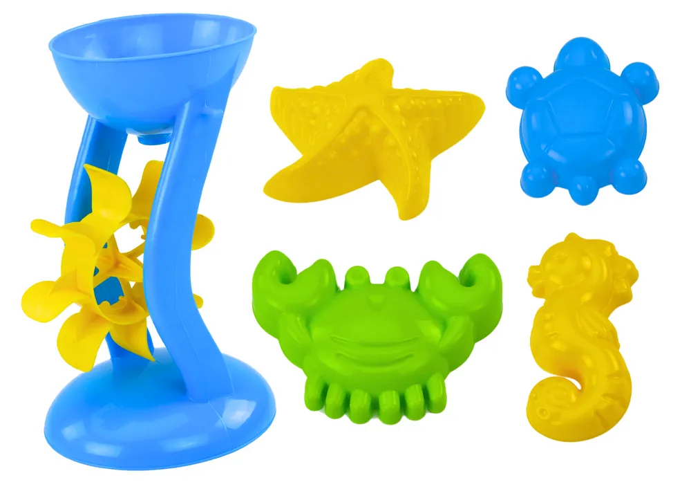 set pijeska, kanta, mlin, cjedilo, kalupi, 9 šarenih - slika 5