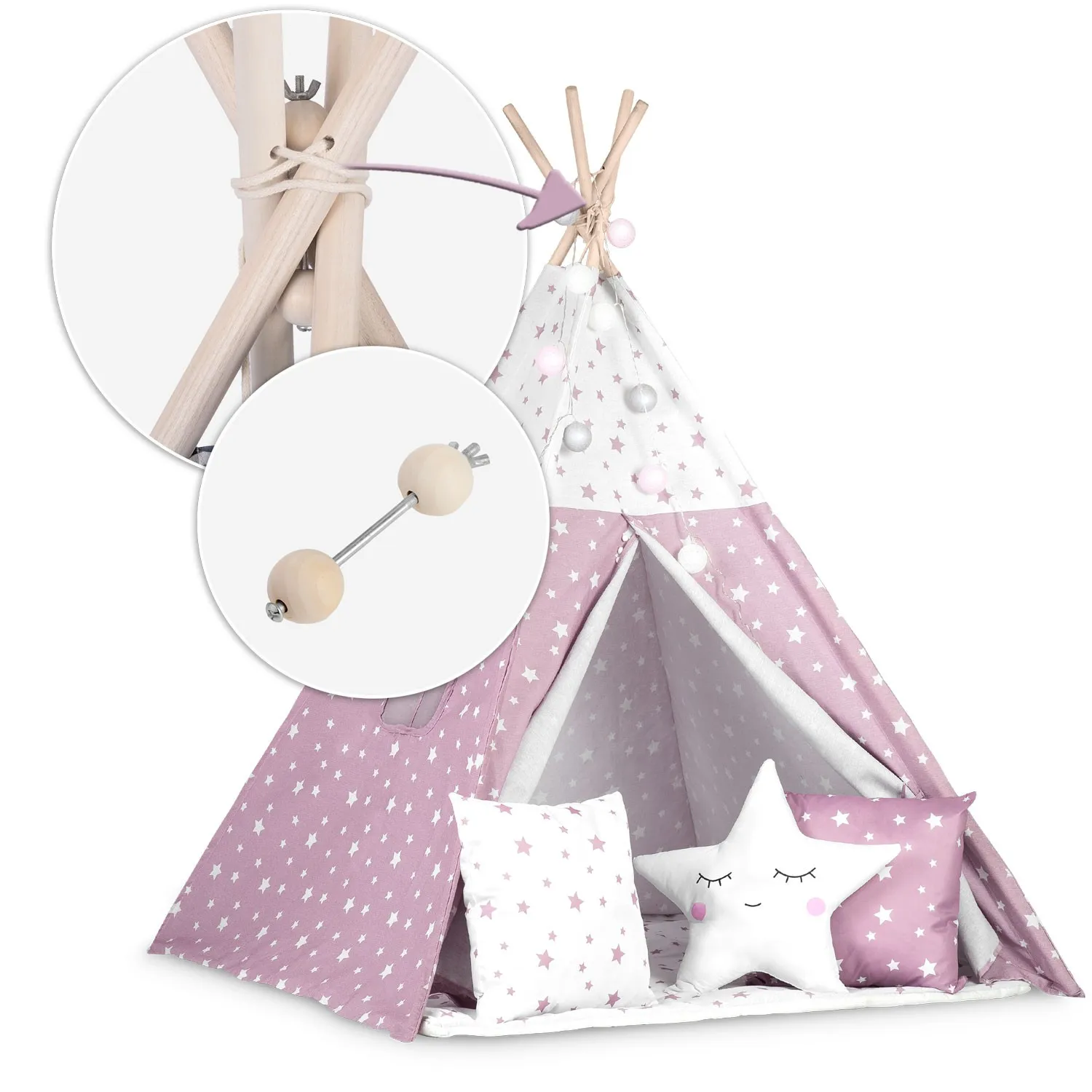 nukido teepee šator za djecu s svjetlima -bijelo rozi - slika 7