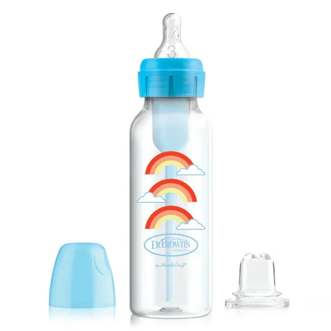 Bočica uskog grla 250 ml – početni set od bočice do sippy čaše, plavi dugin motiv + L3 duda - Pribislavec