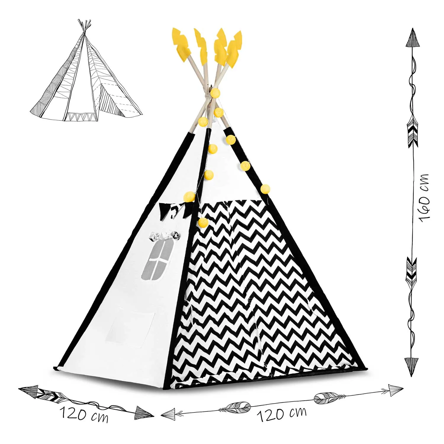 teepee šator za djecu s girlandom i svjetlima, crno-bijeli s pandom - slika 6