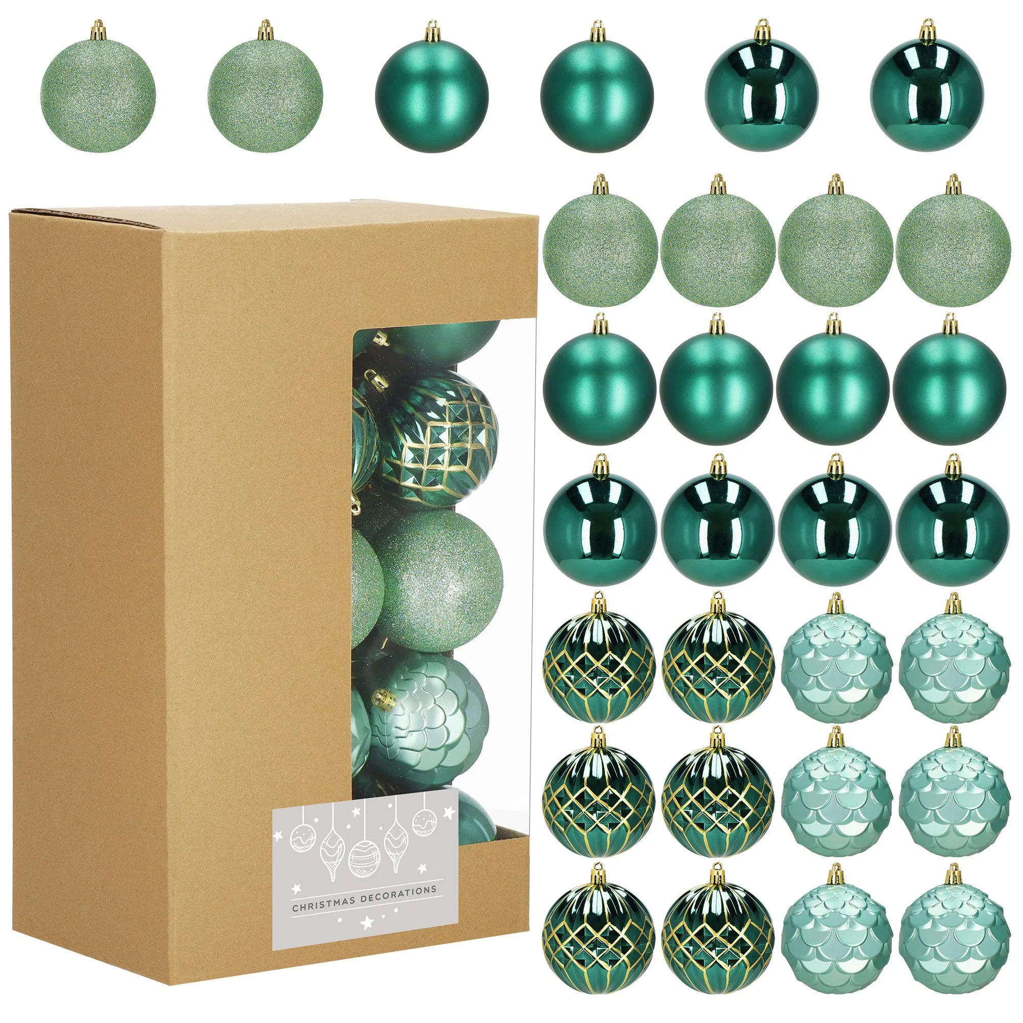 božićne kuglice 8 cm – set 30 komada nijanse zelene, zlatne - slika 4