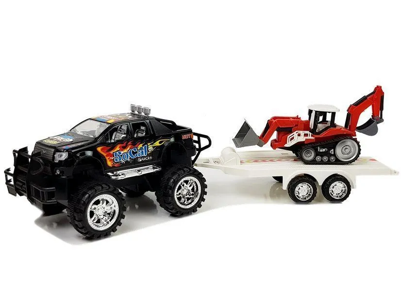 set vozila monster truck s bagerom na prikolici crno - crveni - slika 4
