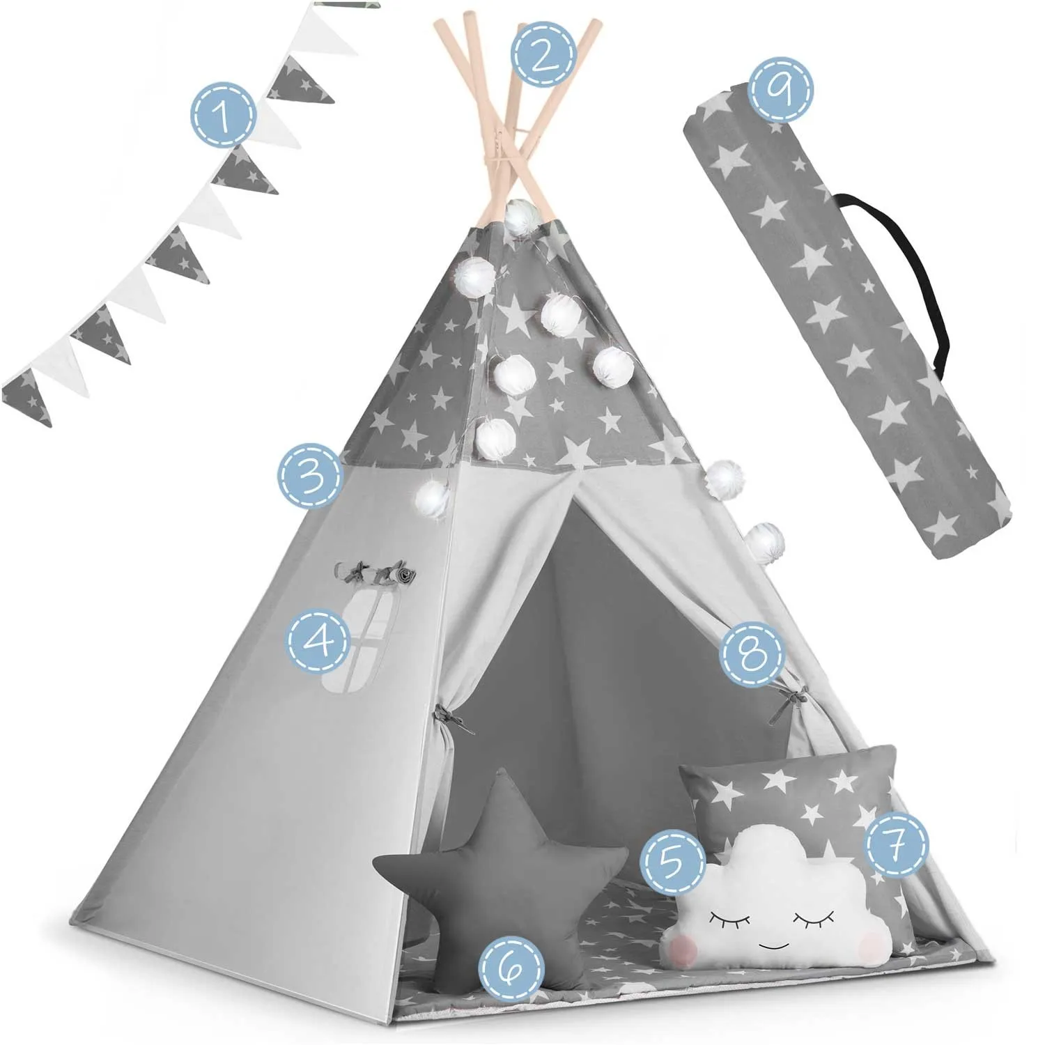 teepee šator za djecu s girlandom i nukido svjetlima - sivi sa zvjezdicama - slika 8