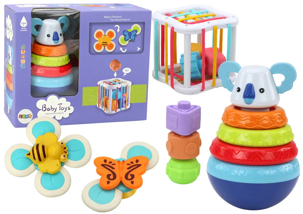 set senzoričkih igračaka - sorter s koalom, kocka s blokovima i spineri - slika 2