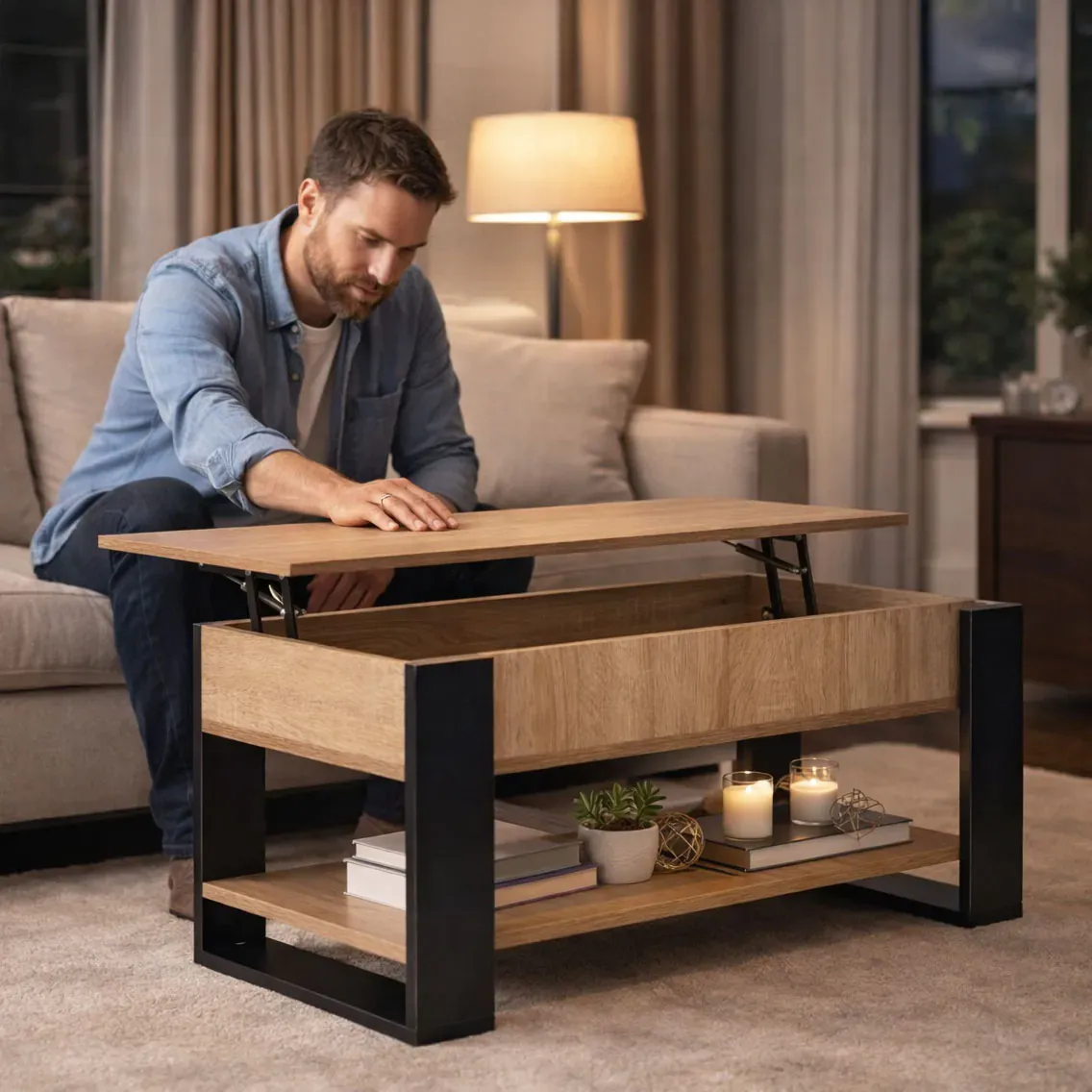 modernhome stolić za kavu s podiznom i proširivom pločom 90 cm, spremnik za pohranu, polica, sonoma hrast - slika 3