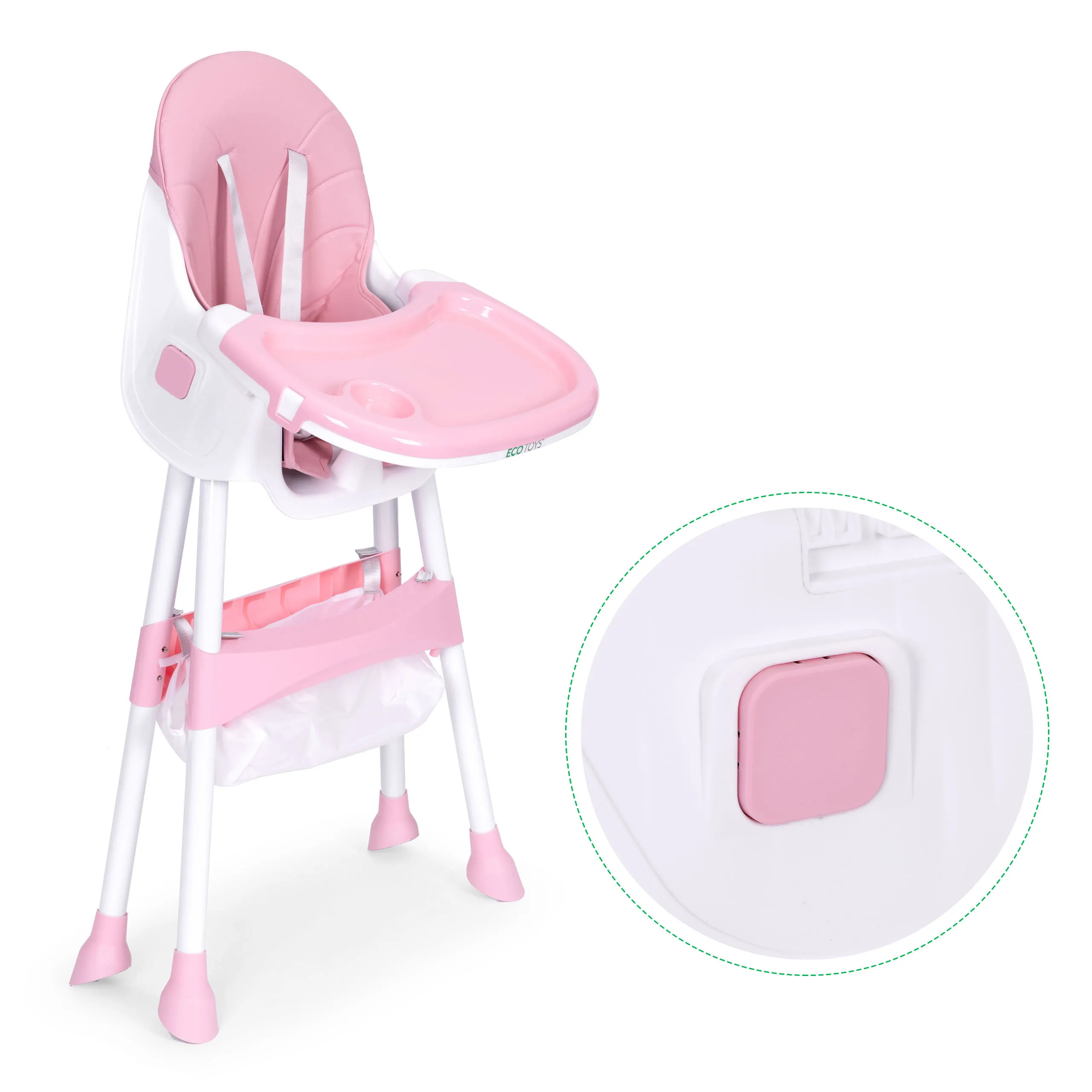 dječja stolica za hranjenje s pladnjem i košarom, pojas na 5 točaka, roza, ecotoys - slika 8