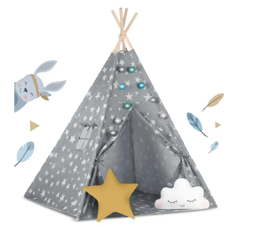 nukido teepee šator za djecu sa svjetlima - sivi sa zvjezdicama - slika 6