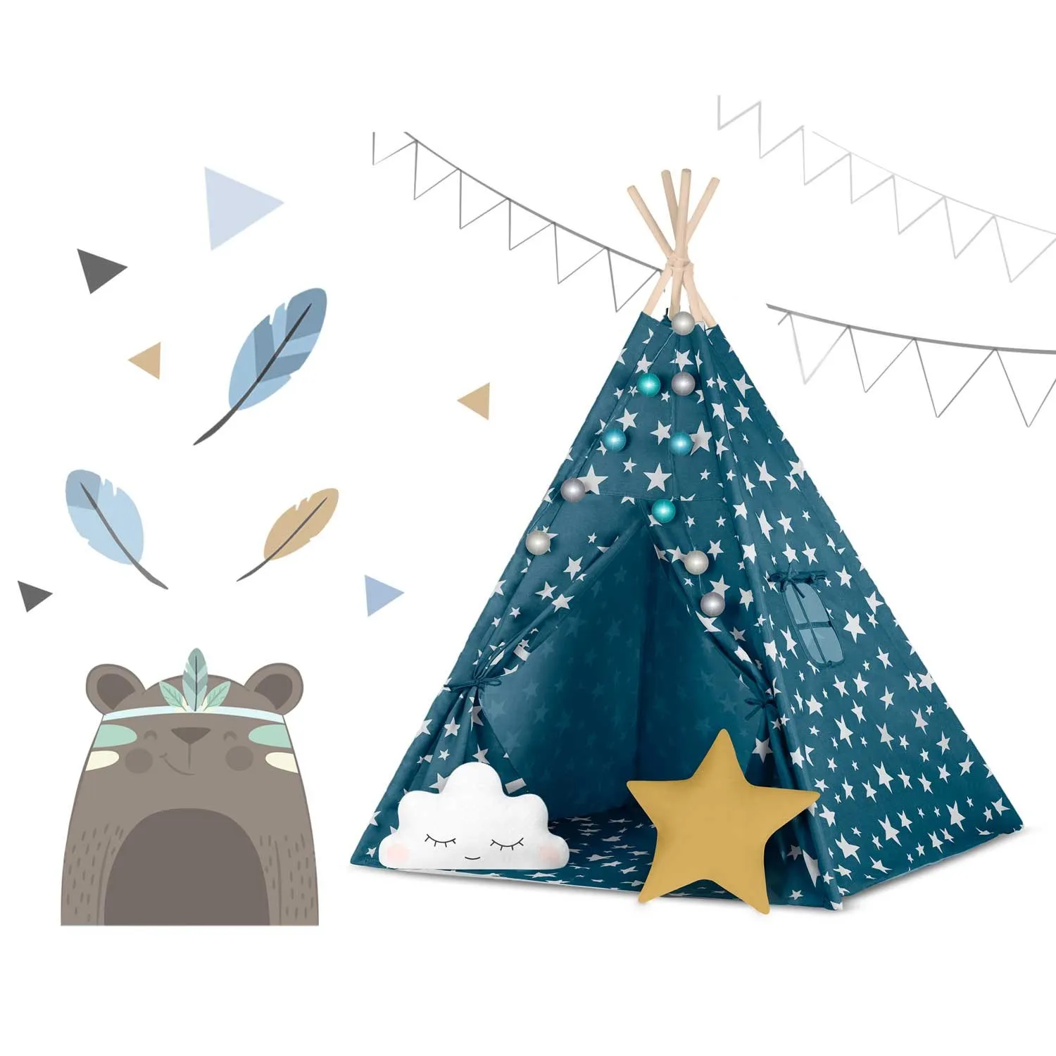 teepee šator za djecu s nukido svjetlima - plavi - slika 10