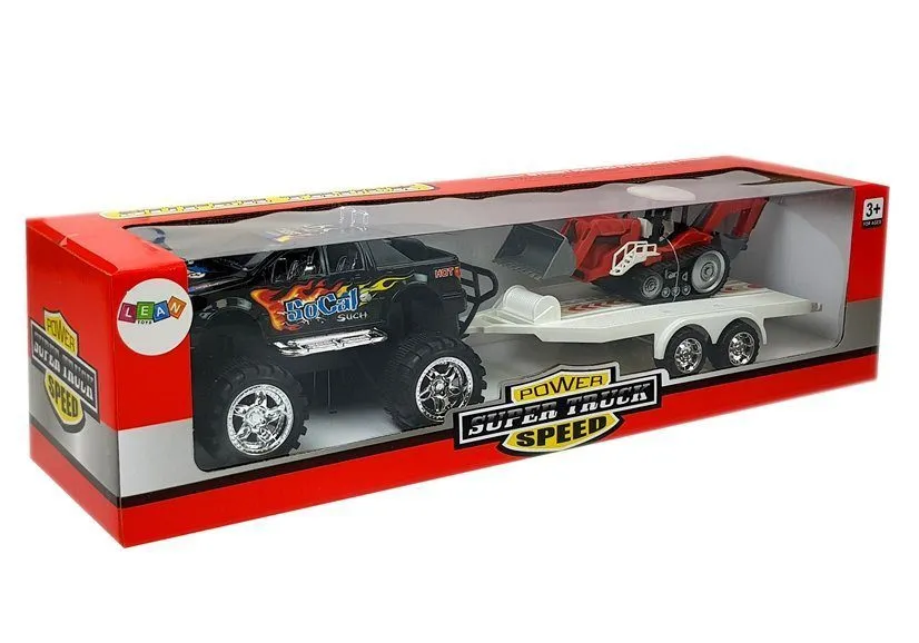 set vozila monster truck s bagerom na prikolici crno - crveni - slika 6
