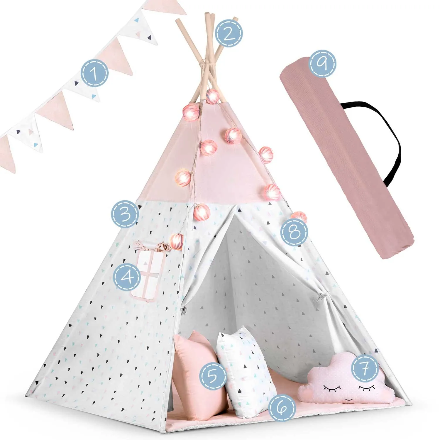 nukido teepee šator za djecu s svjetlima - rozi - slika 8