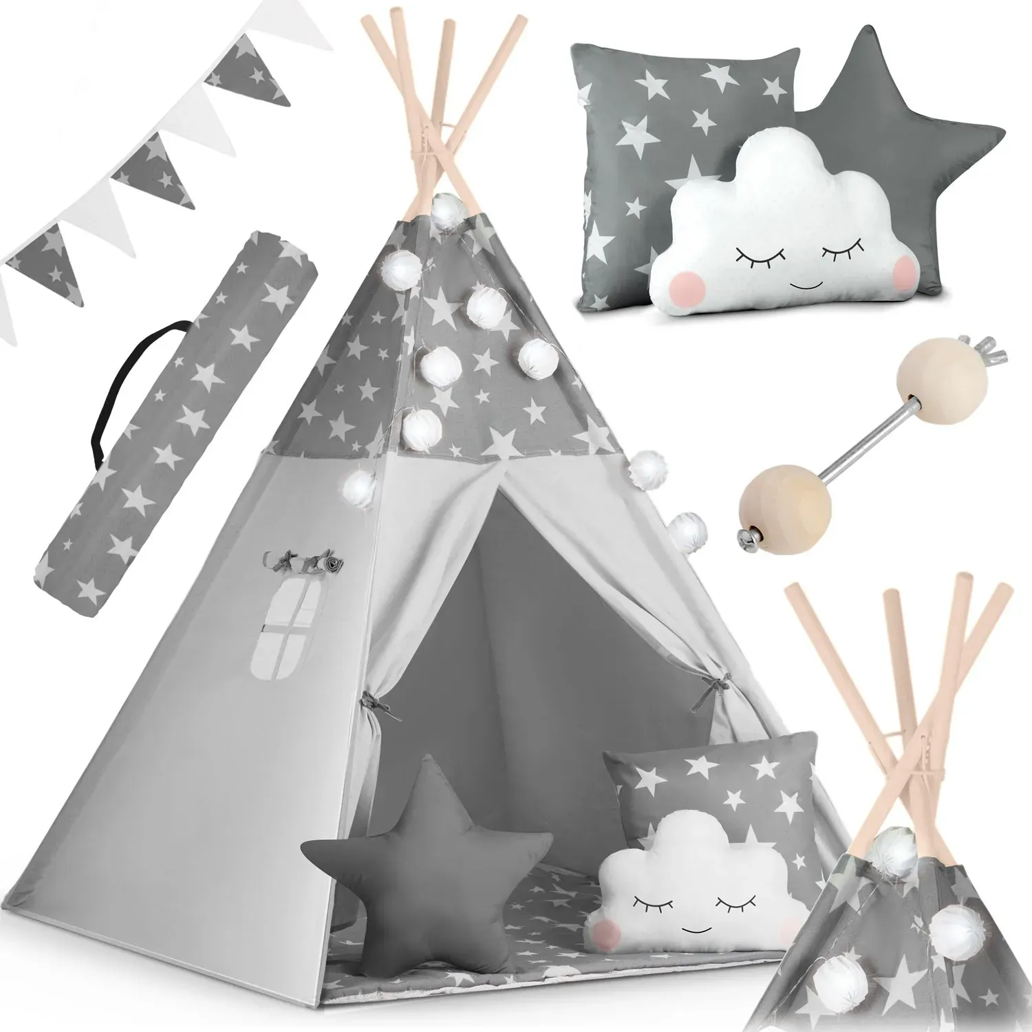 teepee šator za djecu s girlandom i nukido svjetlima - sivi sa zvjezdicama - slika 2