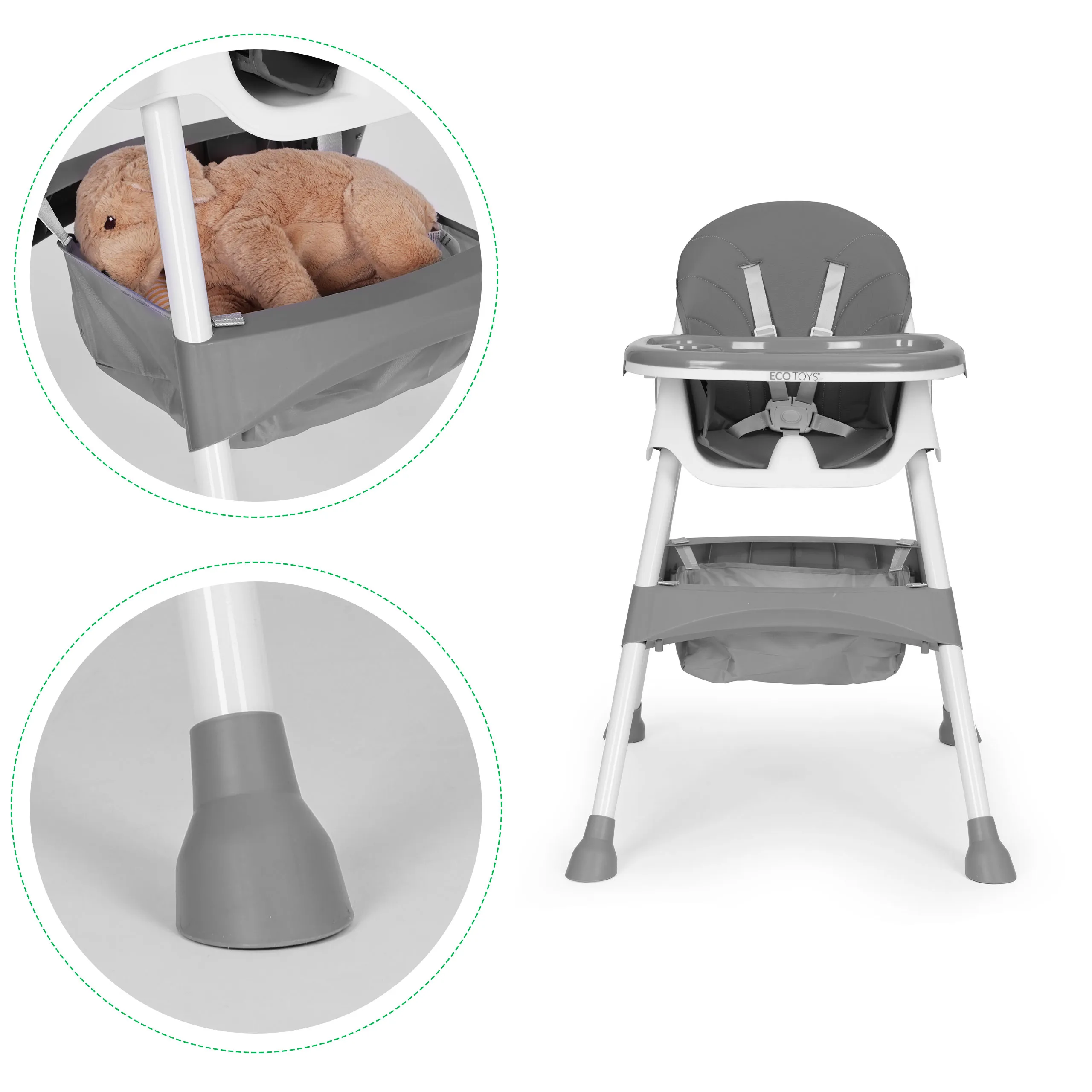 dječja stolica za hranjenje s pladnjem i košarom, pojas na 5 točaka, siva, ecotoys - slika 5