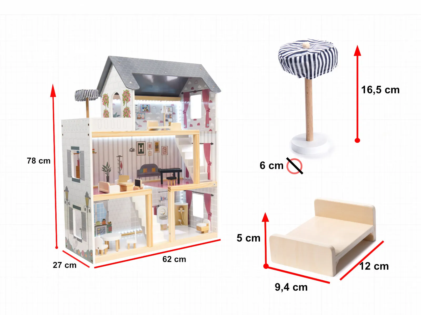 drvena kućica za lutke namještaj 78cm led - slika 4