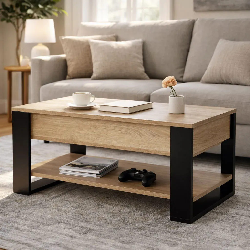 modernhome stolić za kavu s podiznom i proširivom pločom 90 cm, spremnik za pohranu, polica, sonoma hrast - slika 4