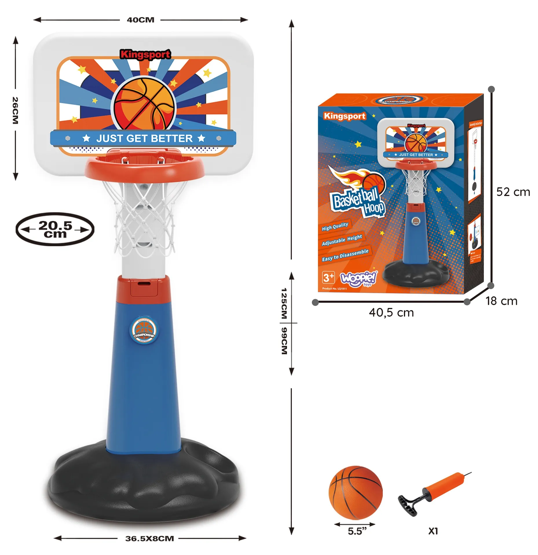 woopie set za košarku s regulacijom 99 - 125 cm + lopta + pumpa - slika 8