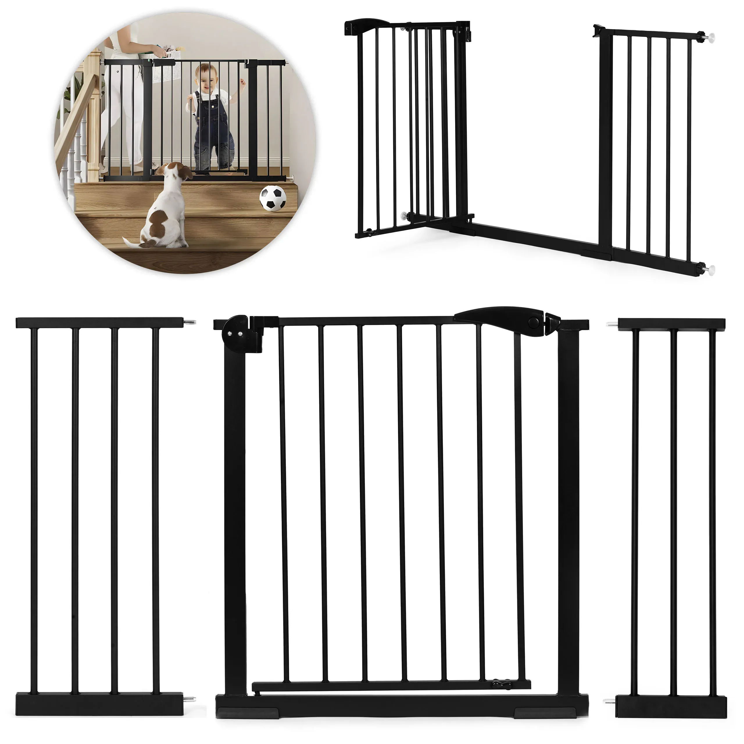 ecotoys sigurnosna vrata 74–132 cm za stepenice i vrata – čelična s dodatnim panelima, crna - slika 2