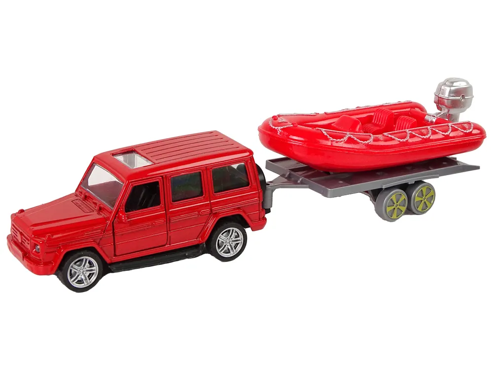 set vatrogasnih vozila s prikolicom i motornim čamcem crveni - slika 3