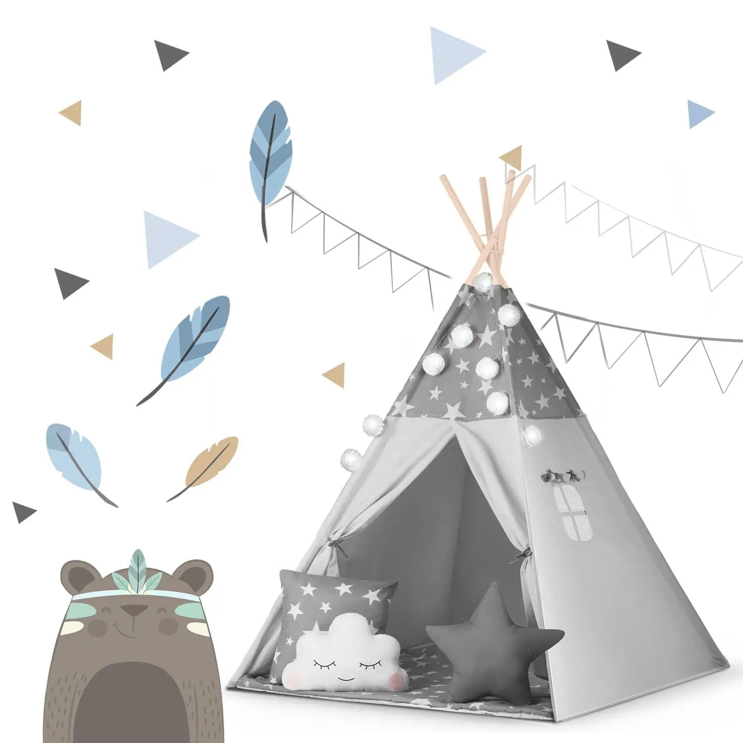 teepee šator za djecu s girlandom i nukido svjetlima - sivi sa zvjezdicama - slika 6
