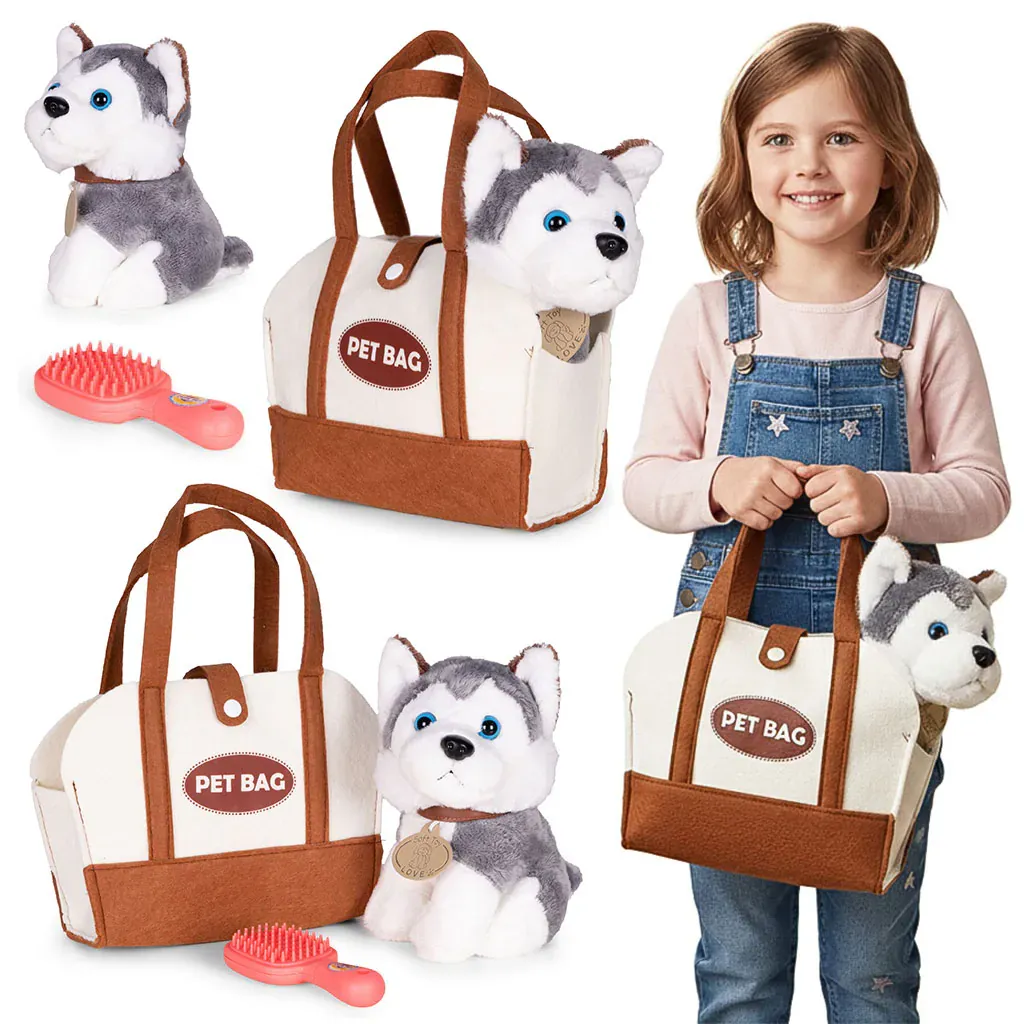 plišani pas husky u torbi – igračka za djecu + četka za njegu - slika 2