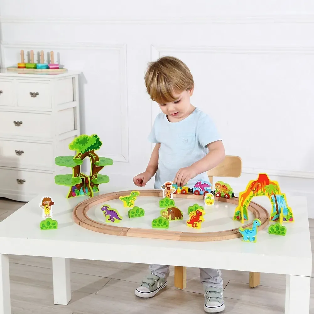 tooky toy drvena magnetna željeznica s dinosaurima + figurice - slika 5