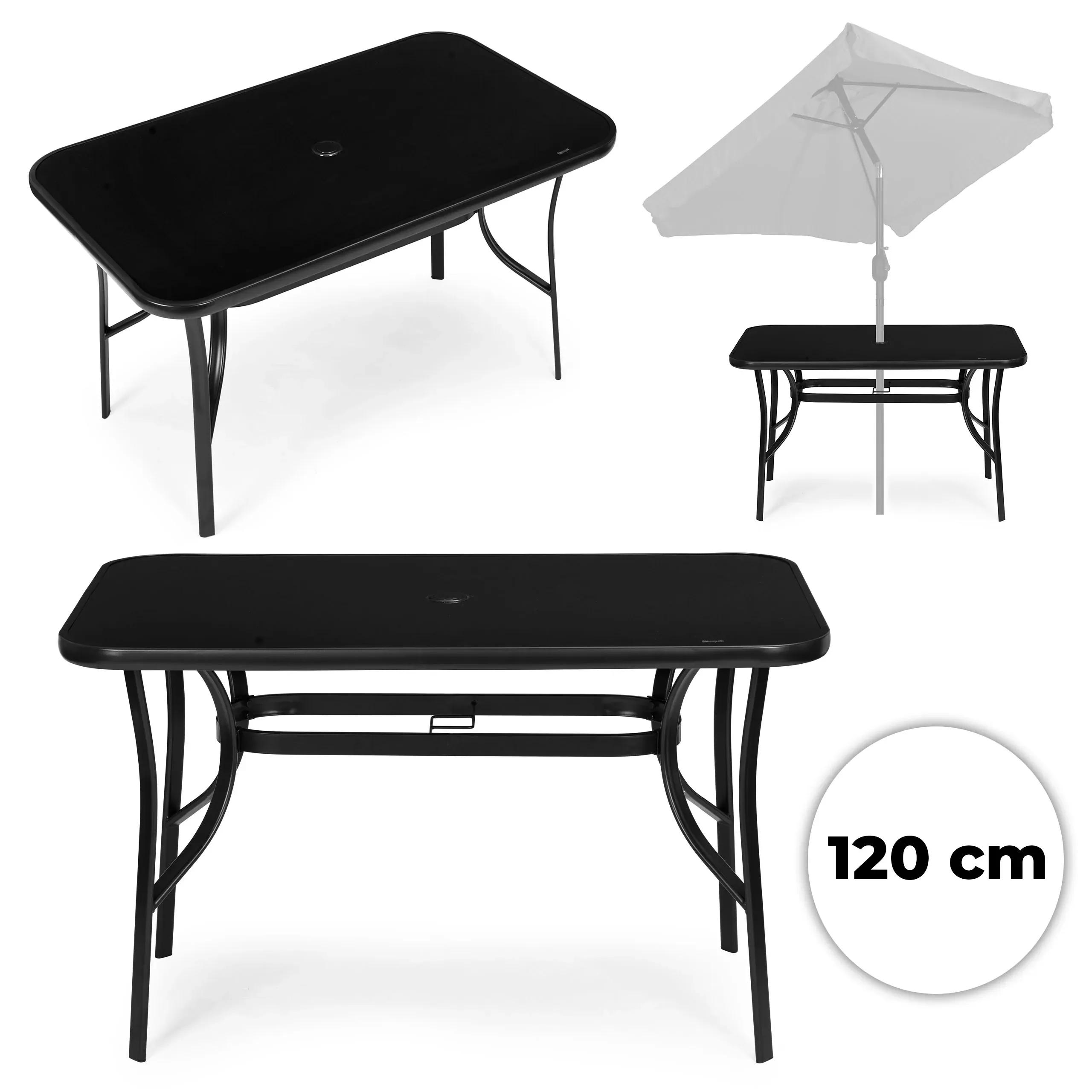 MultiGarden vrtni stol 120 × 70 cm s kaljenim staklom i otvorom za suncobran, crni - Pribislavec