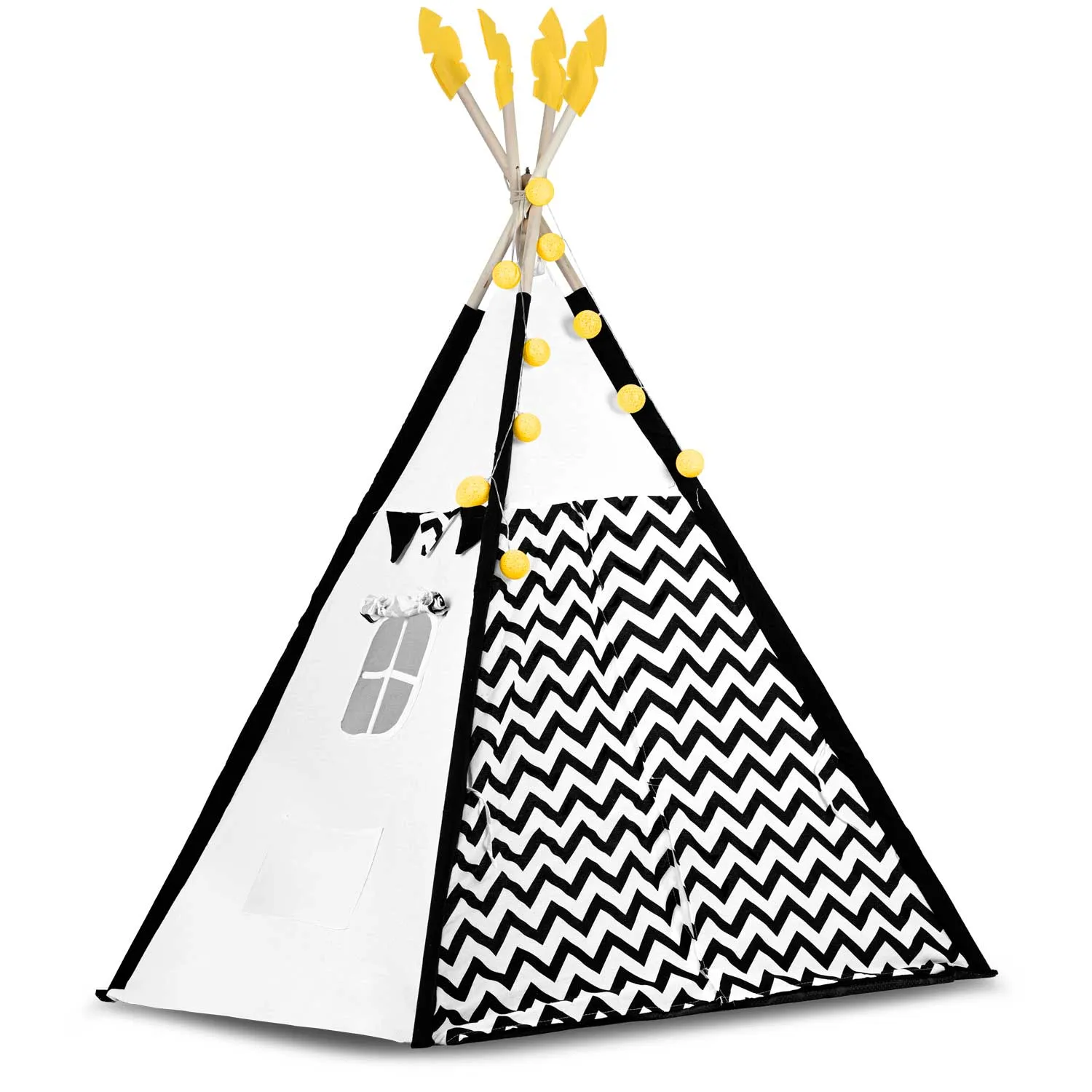 teepee šator za djecu s girlandom i svjetlima, crno-bijeli s pandom - slika 5