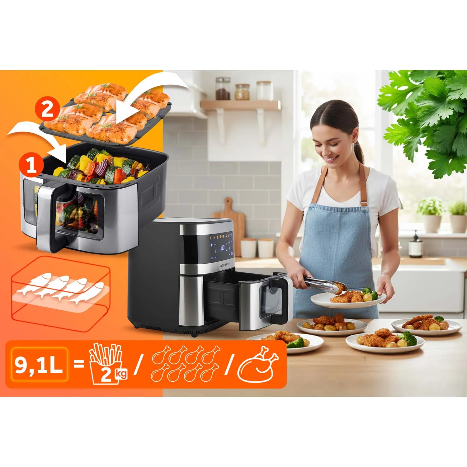 berdsen velika friteza na vrući zrak 1700 w, 9,1 l, srebrna - slika 9