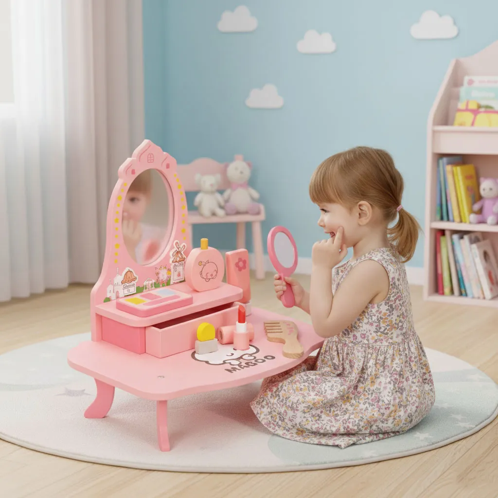 ecotoys dječji drveni stolić za uljepšavanje – ogledalo, ladica i 7 dodataka - slika 5