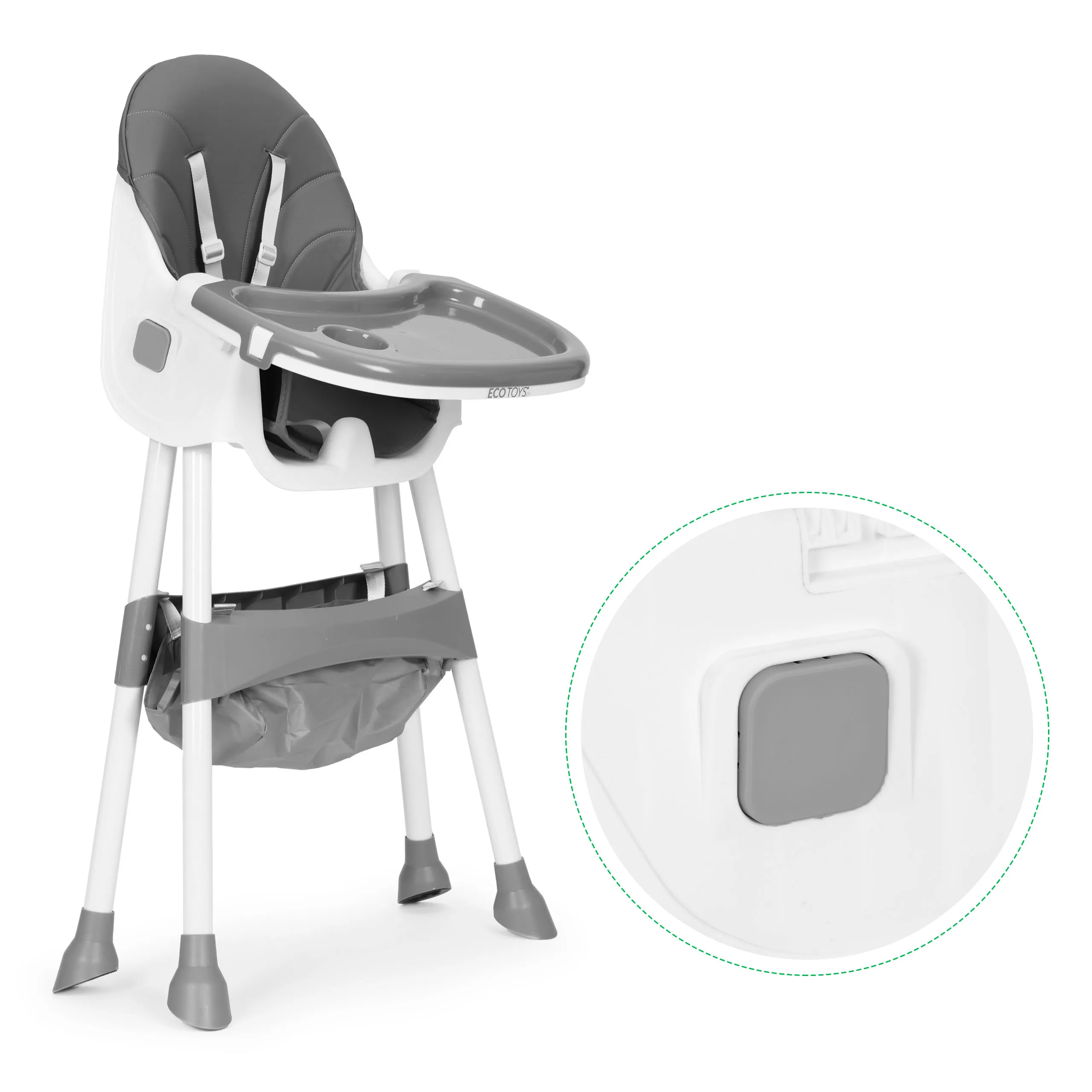 dječja stolica za hranjenje s pladnjem i košarom, pojas na 5 točaka, siva, ecotoys - slika 6