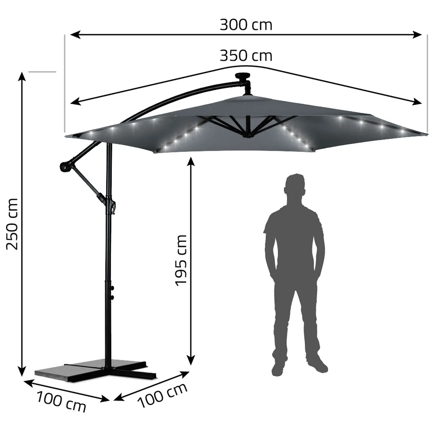 veliki vrtni suncobran s led svjetlima plonos 350 cm sivi - slika 4