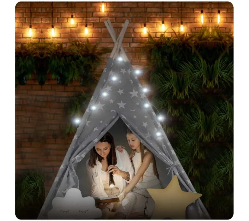 nukido teepee šator za djecu sa svjetlima - sivi sa zvjezdicama - slika 3