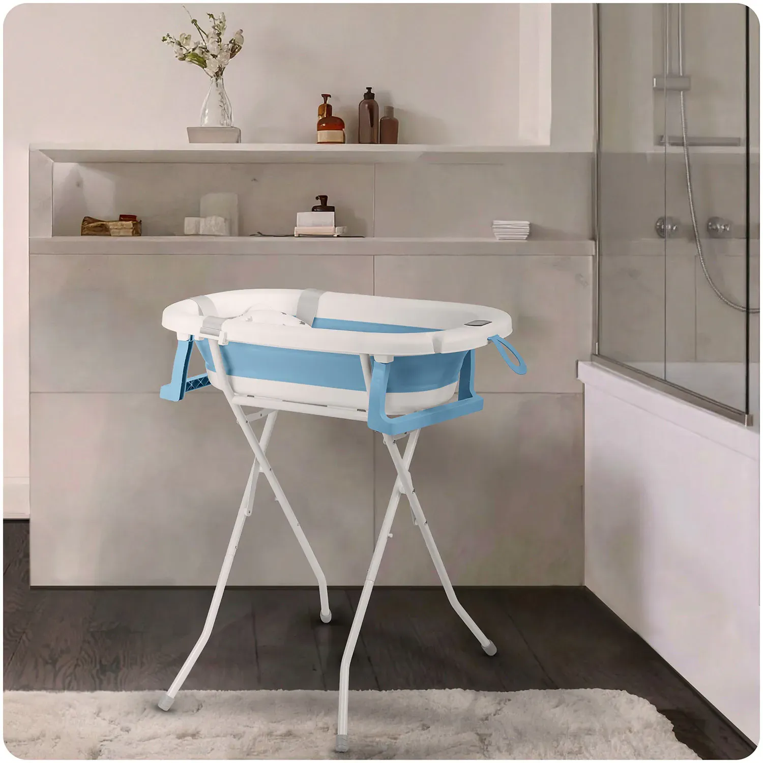 ricokids rk-287 sklopiva kada za bebe – s termometrom, stalkom i uloškom, bijelo-plava - slika 8