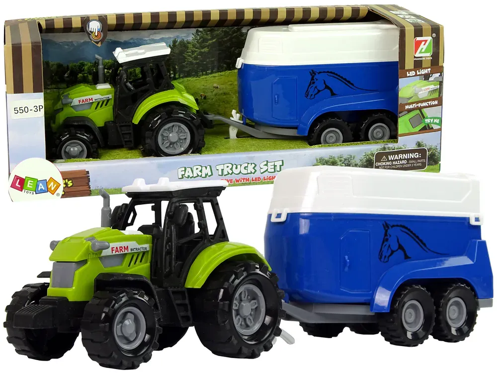zeleni traktor s plavom prikolicom za prijevoz konja - slika 2
