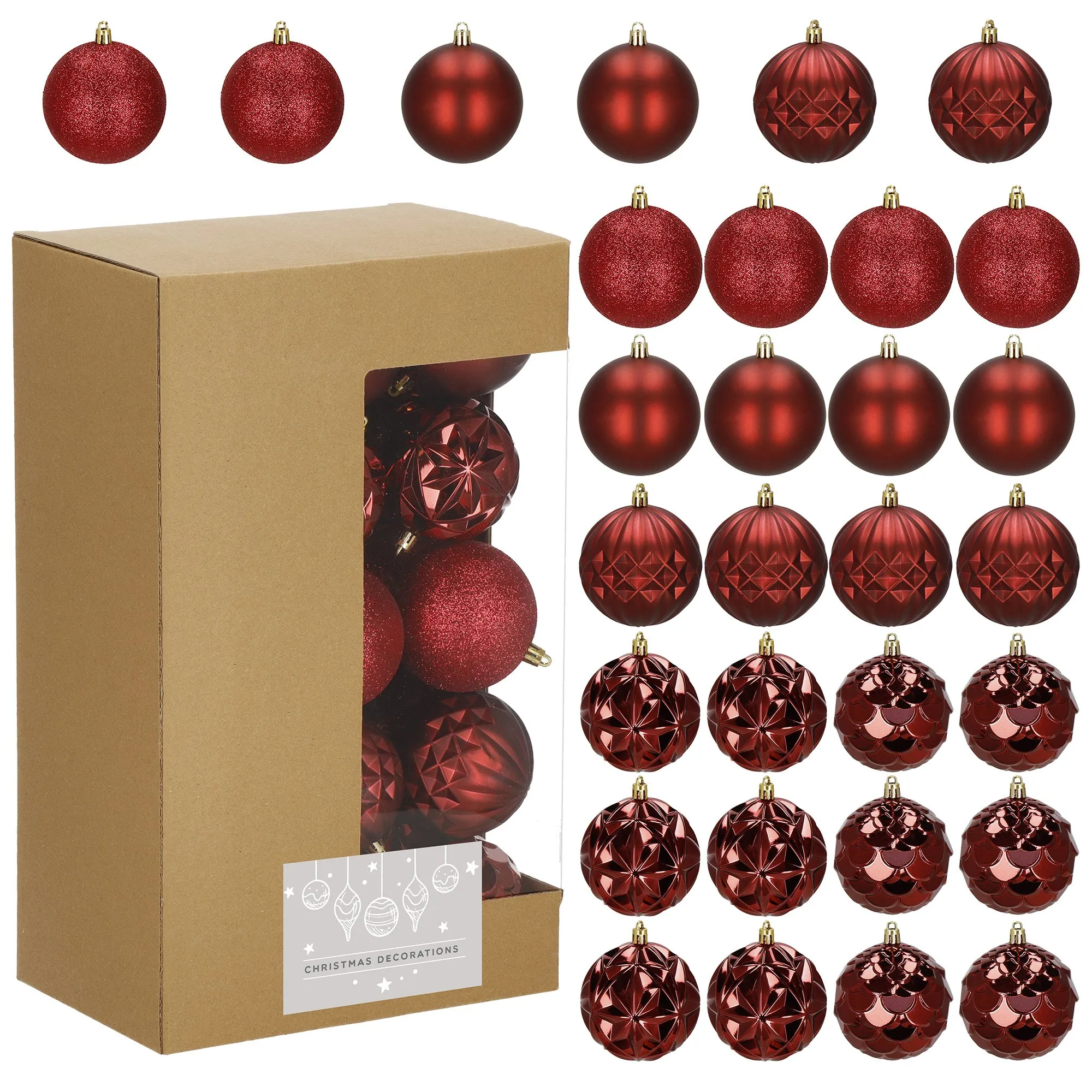 božićne kuglice 8 cm – set 30 komada nijanse crvene - slika 4