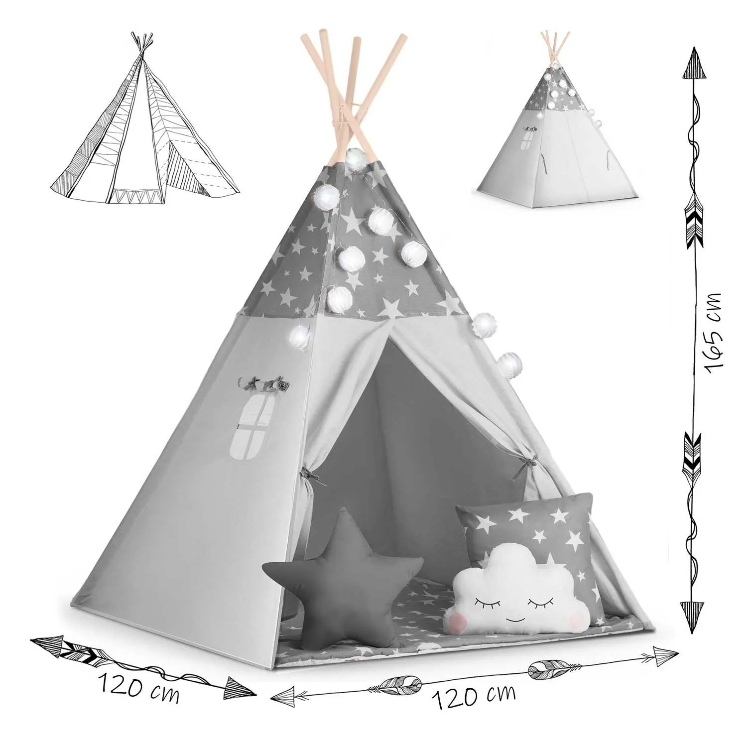 teepee šator za djecu s girlandom i nukido svjetlima - sivi sa zvjezdicama - slika 11