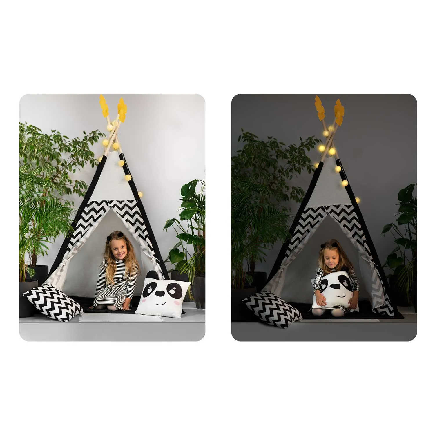 teepee šator za djecu s girlandom i svjetlima, crno-bijeli s pandom - slika 7