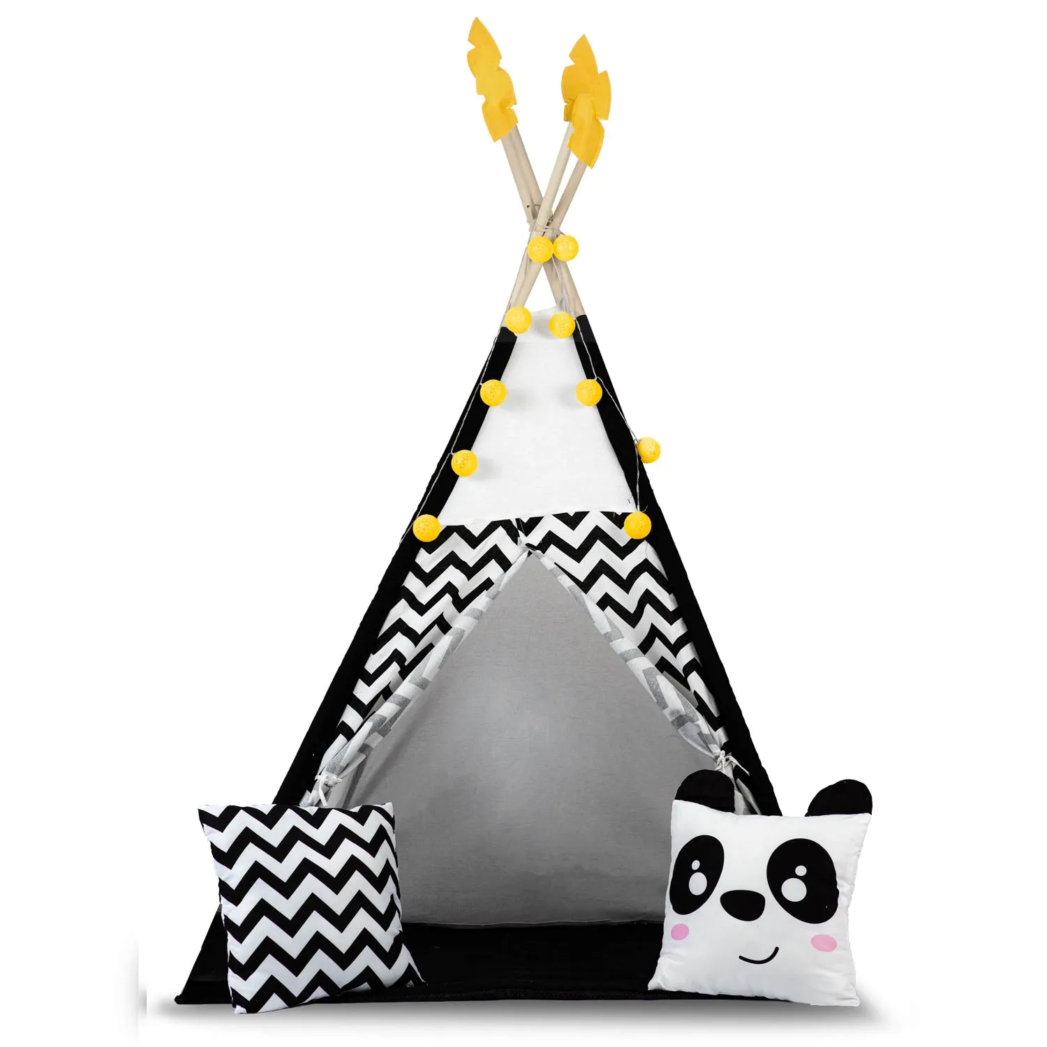 teepee šator za djecu s girlandom i svjetlima, crno-bijeli s pandom - slika 3