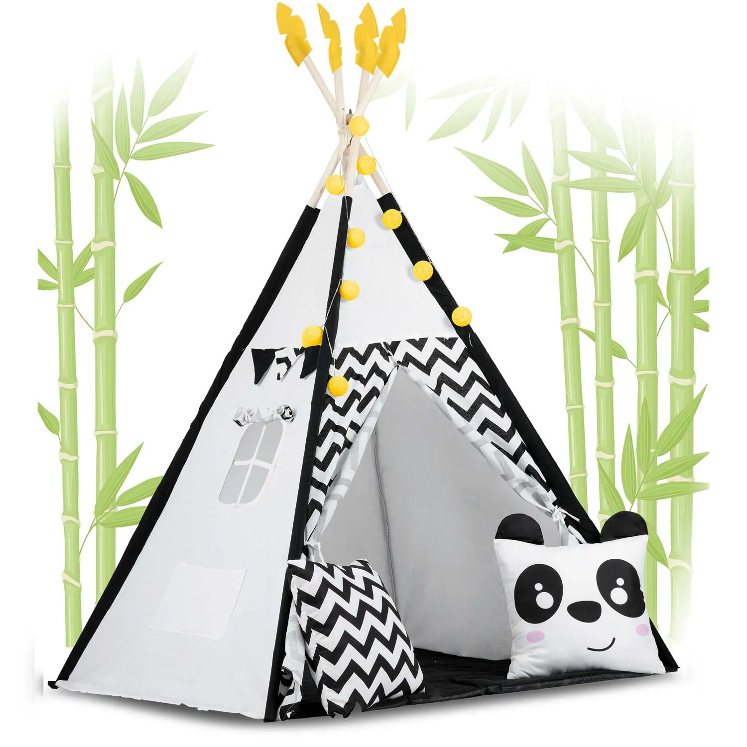teepee šator za djecu s girlandom i svjetlima, crno-bijeli s pandom - slika 8