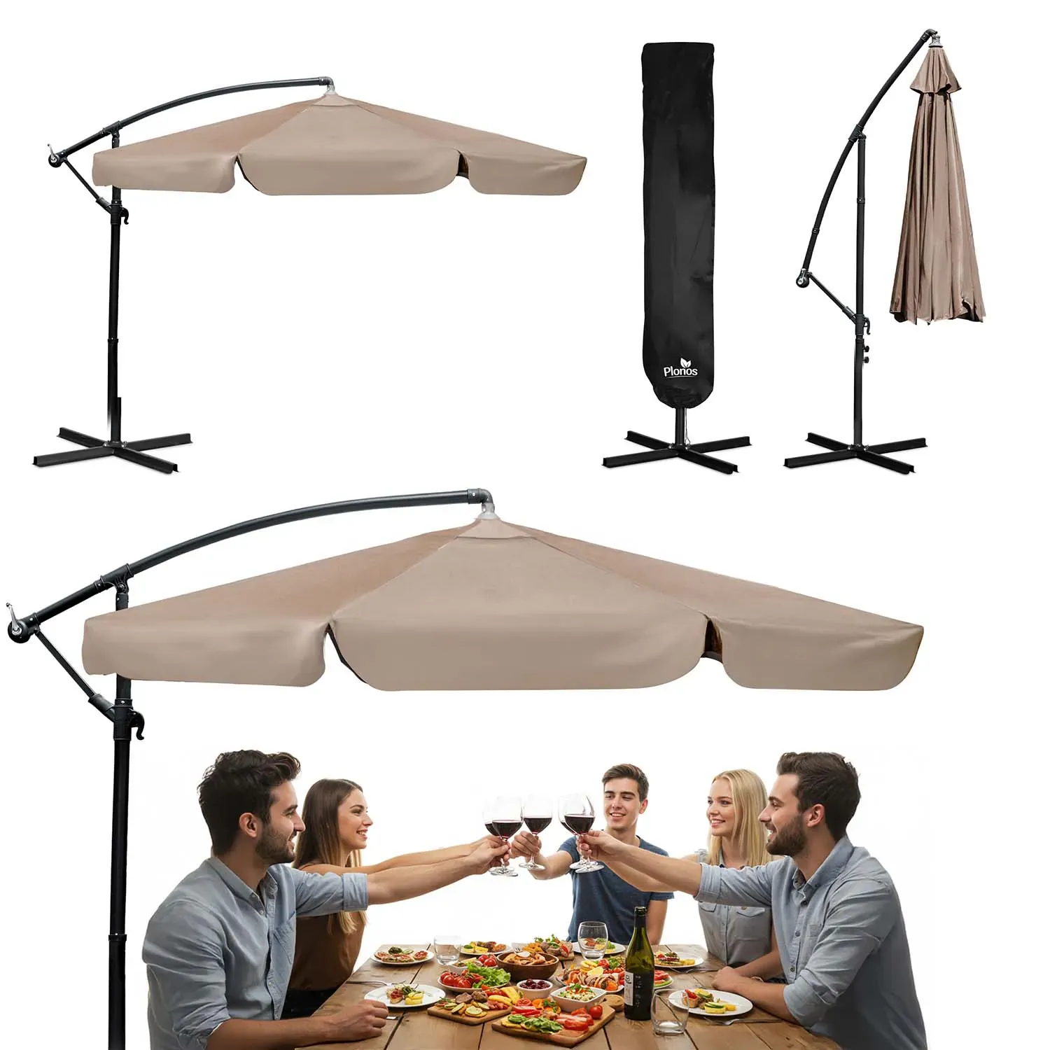 sklopivi vrtni suncobran s 6 segmenata, 350 cm, s navlakom – plonos pl-880 bež - slika 2