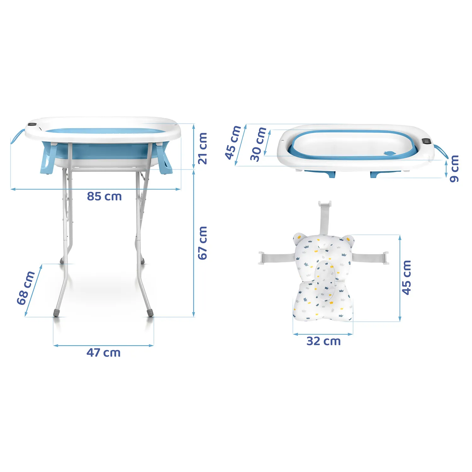 ricokids rk-287 sklopiva kada za bebe – s termometrom, stalkom i uloškom, bijelo-plava - slika 5