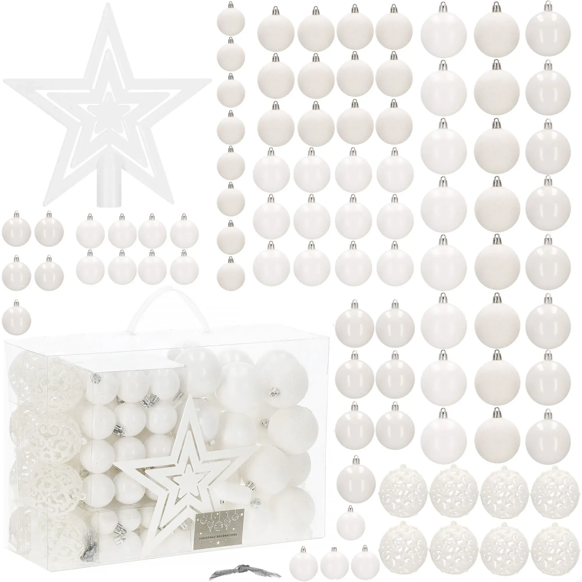 set božićnih kuglica 3–6 cm – 101 komad, nijansa bijele - slika 2