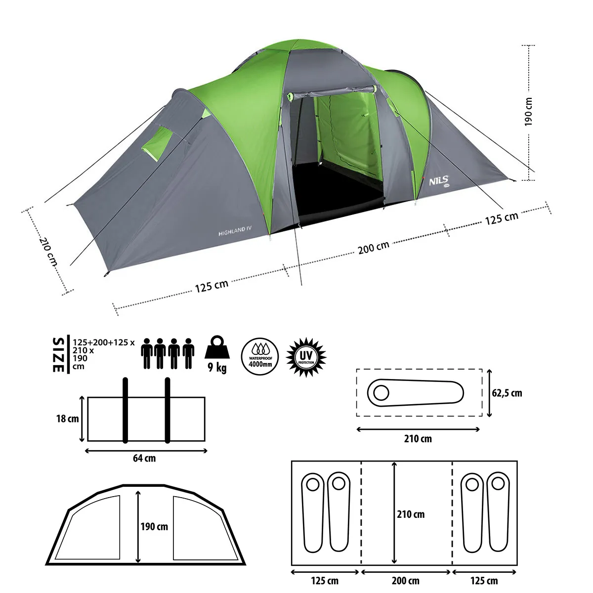 nils camp šator za kampiranje highland iv zeleno-sivi - slika 7