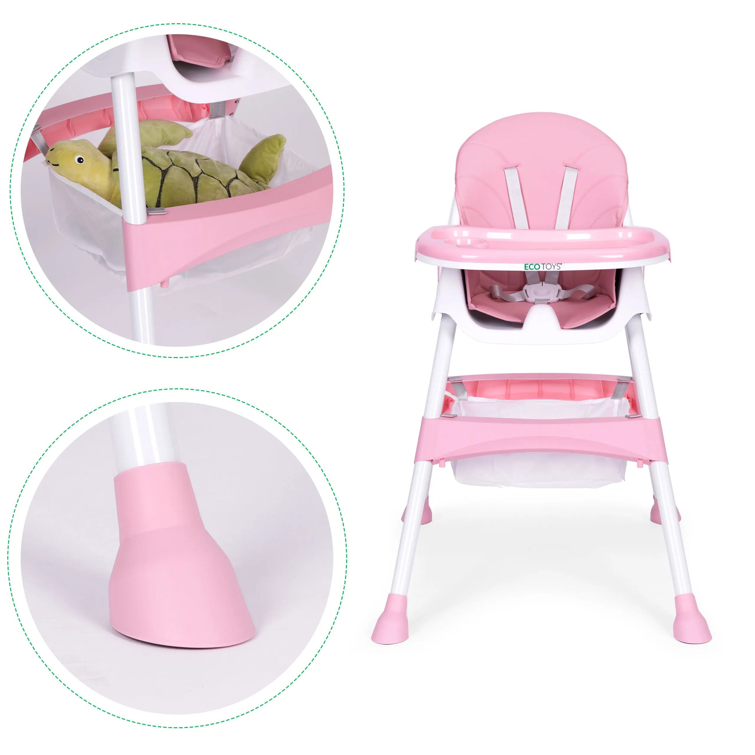 dječja stolica za hranjenje s pladnjem i košarom, pojas na 5 točaka, roza, ecotoys - slika 7
