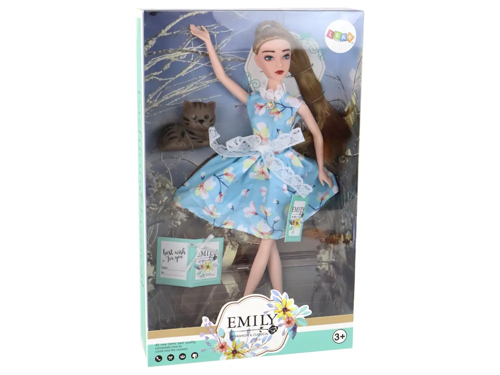 lutka emily - smeđa kosa, plava haljina i mačka - slika 5