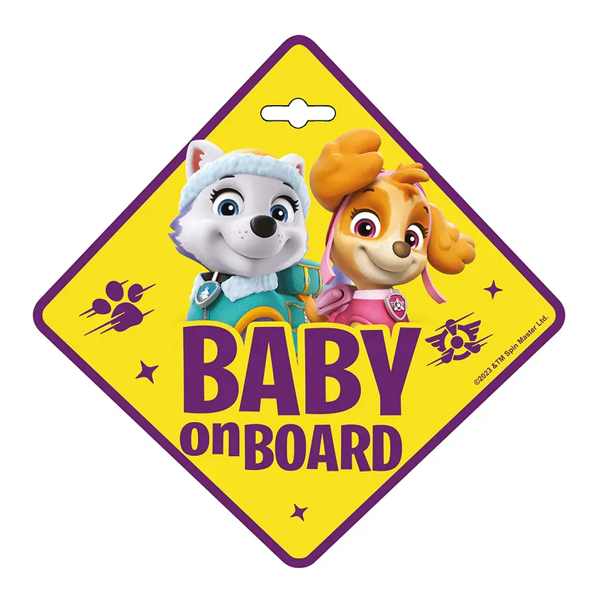 znak baby on board paw patrol žuto-ljubičasti - slika 1